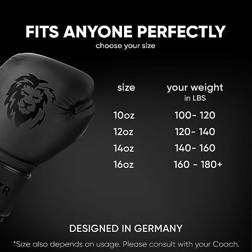 FIGHTR® Pro Boxing Gloves Made of Genuine Leather | Men and Women | for Boxing, MMA, Muay Thai, Kickboxing & Martial Arts 10 12 14 16 oz | incl. Carrying Bag - color: All Black, size: 14oz