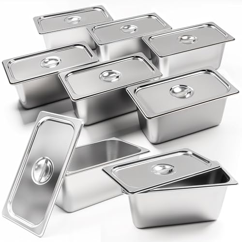 8 Pack Stainless Steam Hotel pan 1/3 Size x 6 inch Deep Table Pan with Lid Food Storage Containers Anti Steam Pan Restaurant Anti Clogging Steamer 12.8 x 6.9 x 5.9 inch for Party, Restaurant, Hotel