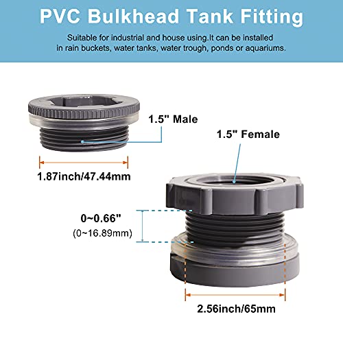 1.5 Inch PVC Bulkhead Water Tank Connector Adapter Fitting with Plugs Thru-Bulk Pipe Fitting for Rain Barrels, Aquariums, Ponds(Set of 2) - size: 1.5"-2pcs