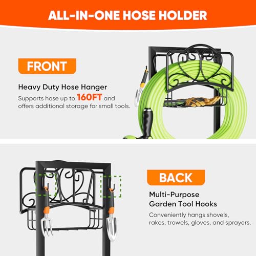 Stable Garden Hose Holder with Storage Basket and Tool Hooks, Heavy-Duty Garden Hose Storage Metal Hose Hanger Holds 160Ft, Rustproof Freestanding Water Hose Holder for Outside,Yard,Lawn,Farm - color: Black