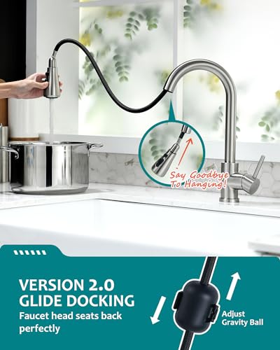 Kitchen Faucet Seats with Pull Down Sprayer, Brushed Nickel 14.4-inch Height, 360 Rotation Spout, Stainless Steel Sink Faucet Single Hole Kitchen Faucet for 1-3 Hole Sinks RV Farmhouse Camper