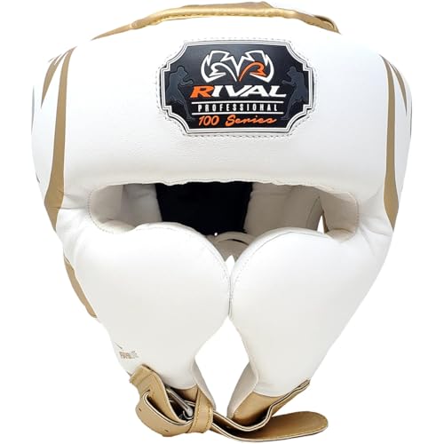 RIVAL Boxing RHG100 Professional Headgear - Lightweight Construction with Wide, Lateral Eye Opening for Maximum Visibility - color: White/Gold, size: X-Large