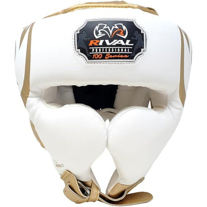 RIVAL Boxing RHG100 Professional Headgear - Lightweight Construction with Wide, Lateral Eye Opening for Maximum Visibility - color: White/Gold, size: X-Large