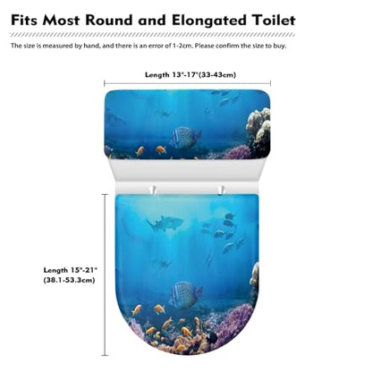 Bathroom Toilet Lid Cover Toilet Seat Cover Set 2 Pcs,Stretch Toilet Tank Lid Cover Protector,Fits Most Toilet Tanks and Lids,Sea Fish Blue