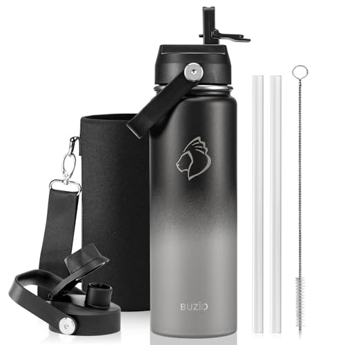 BUZIO 24 oz Insulated Stainless Steel Water Bottle with Straw & Spout Lids | Triple Wall Insulated Tumbler (Dishwasher Safe) ,Cold for 48 Hrs, Wide Mouth, Leakproof, BPA-Free, for Sports, Gym, School - color: Shadow, size: 24 Ounces