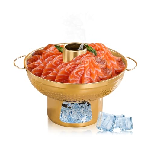 8.6 In 304 Stainless Steel Shrimp Cocktail Serving Dish, Groove Hotpot Chilled Serving Tray Gold with Ice Button, Cold Fruit Platter Tray for Parties Drinks Veggies Seafood Salad Sushi (Gold)