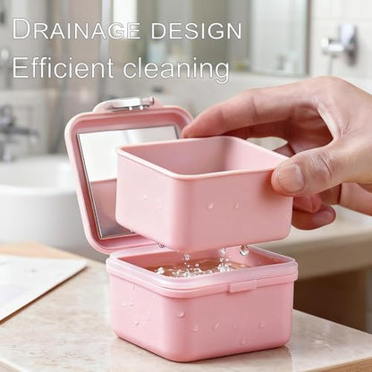 Denture Case Kit, Retainer Cleaning Case False Teeth, Retainer Cleaning Denture Bath Cup with Mirror Use in Denture Bridges, Denture Soaking Container, Traditional Braces for Travel （Pink） - color: pink