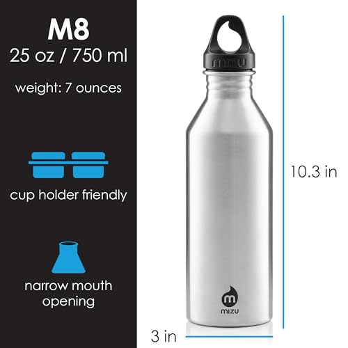Mizu M8 - 25 oz. Single Wall Narrow Mouth Stainless Steel Bottle with Loop Cap - color: Stainless
