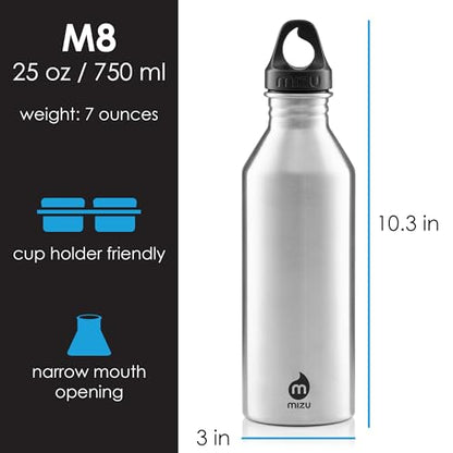 Mizu M8 - 25 oz. Single Wall Narrow Mouth Stainless Steel Bottle with Loop Cap - color: Stainless