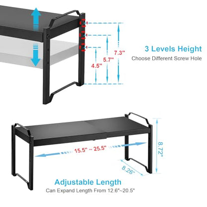 X-cosrack 25.5 Inches 2 Pack Expandable Cabinet Shelves, Stackable Shelf Organizer for Kitchen Cabinet Countertop Storage, Adjustable Counter Cupboard Pantry Organizer Shelf Rack Stand Riser, Black