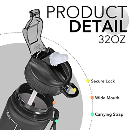 Hyeta Water Bottle with Straw & Time Marker, Plastic 32oz Leakproof - color: Black Matte