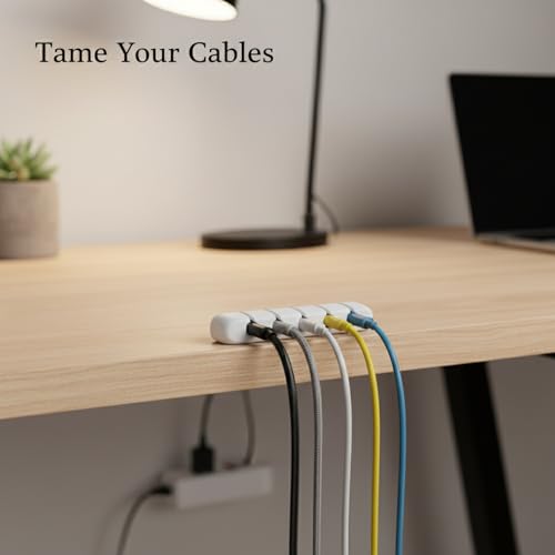 White Silicone Cable Organizer Clips with Adhesive Backing for Desk, Car Dashboard & Wall Cord Management
