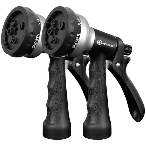 AUTOMAN-Garden-Hose-Nozzle, 2 Pack ABS Water Spray Nozzle, 7 Adjustable Watering Patterns, Slip Resistant for Watering Plants, Lawn& Garden, Washing Car, Showering Pets & Outdoor Fun.Silver Color - color: Silver ×2