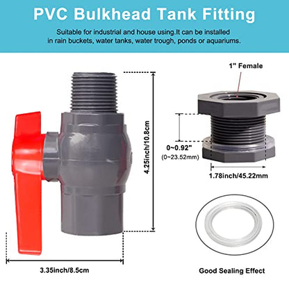 1 Inch PVC Rain Barrel Valve Spigot Kit with Ball Valve and Bulkhead Fitting Adapter for Water Tanks, Aquariums, Pools - size: 1"+valve