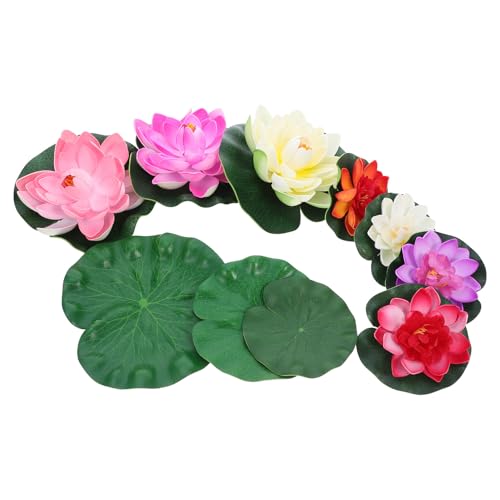 COHEALI Artificial Lotus Flower Floating Water Lily with Lifelike Eva Lily Pads, 9pcs Aquarium Pond Decoration Set, Eco-Friendly Fake Flowers for Fish Tank and Garden Display