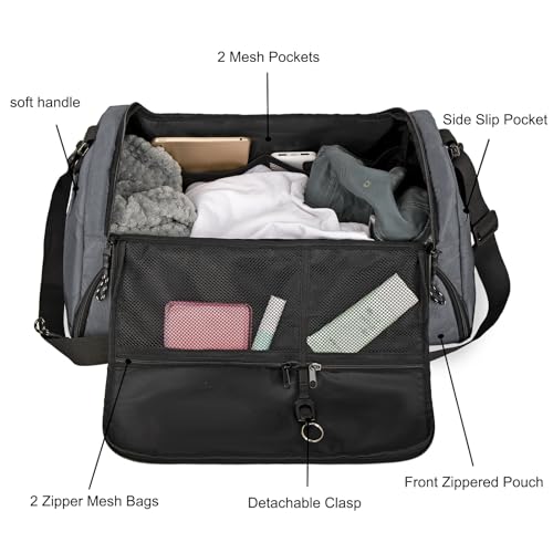 Goloni Gym Bag for Men Women, 40L Large 3 in 1 Duffle Bag for Travel, Durable Carry On Bag with Shoes Compartment and Wet Pocket,Weekender Overnight, Grey - color: Grey