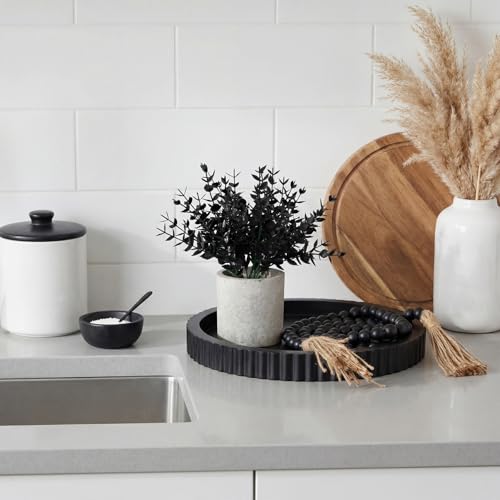 Novabright 3 Pcs Coffee Table Decoration Set Round Wooden Tray a Decorative Beaded Small Black Artificial Eucalyptus Planter for Farmhouses Home Decor