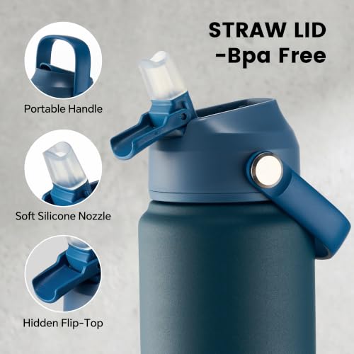 Fijinhom 24 oz Insulated Water Bottle with Straw Lid, Stainless Steel Water Bottles, Double Wall Vacuum, Portable Handle & Non-slip Bottom, BPA Free Leak Proof Metal Bottles, Keep Cold 24H, Dark Blue - color: Dark Blue, size: 24 Ounces