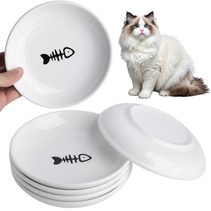 Cat Food Bowl Set of 6, Ceramic Cat Bowls, Anti Whisker Fatigue Cats Bowl Set,5.9 Inches Shallow Wide Kitten Plates for Wet/Dry Food, Indoor Pets (Fish Bone)