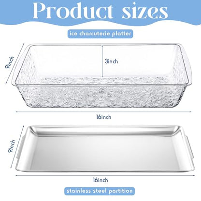 2 Set 16" x 9'' Chilled Serving Tray for Parties with Compartments Rectangle Serving Dish Ice Charcuterie Party Platter for Shrimp Fruit Seafood Vegetable Appetizer (Silver)
