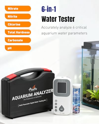 Pawfly 6 in 1 Digital Water Testing Kit, 50 Strips Fresh/Salt Aquarium Water Test Kit, Fish Tank Water Testing Kit, Digital Water Tester for pH, Nitrate, Nitrite, Chlorine, Total Hardness & Carbonate - size: Water Testing Kit