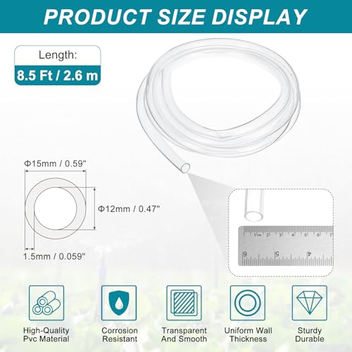 uxcell Clear PVC Tubing, 12mm ID x 15mm OD - 8.5ft PVC Tube Lightweight Vinyl Hose, Transparent Flexible Plastic Water Tubing for Air Oil Water Transfer Aquarium Irrigation - size: 12mm ID x 15mm OD