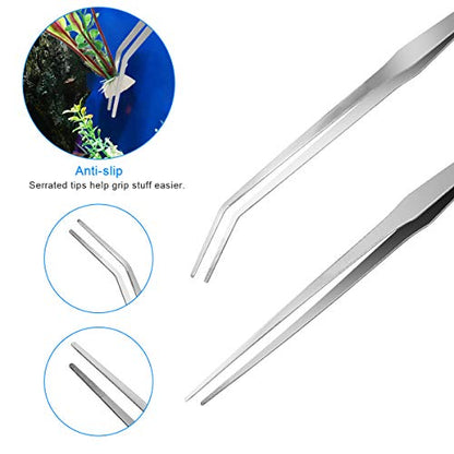 7 in 1 Aquarium Aquascape Tool Kit 15 inch, Aquatic Plant Extra Long Aquascaping Tool for Aquarium Fish Tanks Clean Accessories Set with Silver Tweezer Scissor Spatula, Fish Net, PH Paper, Bag