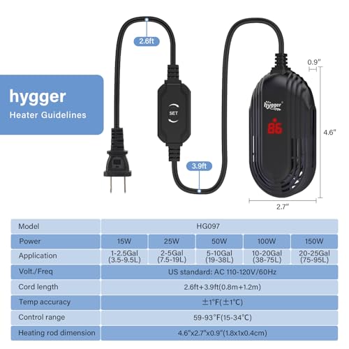 hygger Small Aquarium Heater, 15W Submersible Betta Fish Tank Heater with Adjustable Temperature External Controller, Turtle Heater with LED Display for up to 2.5 Gallon Tanks
