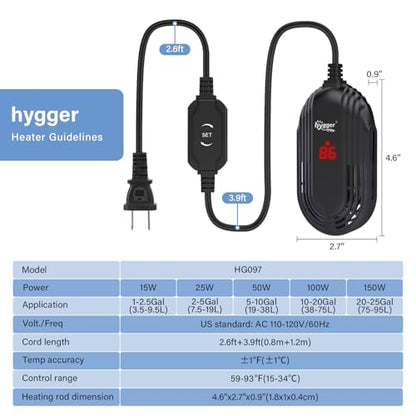 hygger Small Aquarium Heater, 15W Submersible Betta Fish Tank Heater with Adjustable Temperature External Controller, Turtle Heater with LED Display for up to 2.5 Gallon Tanks