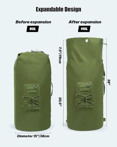 PGmoon Military Duffle Bag,110L Extra Large Army Backpack | Heavy Duty Sea Bag with Removable Pocket for Camp, Outdoor or Laundry Bag (Patent Design)