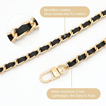 Gold Purse Chain & Strap, 4 Sizes - DIY Handbag, Shoulder, Crossbody Bag Chain - Leather, Braided - 15.4, 23.6, 31.4, 47.2 Inch - Black/Gold - color: Black(gold)