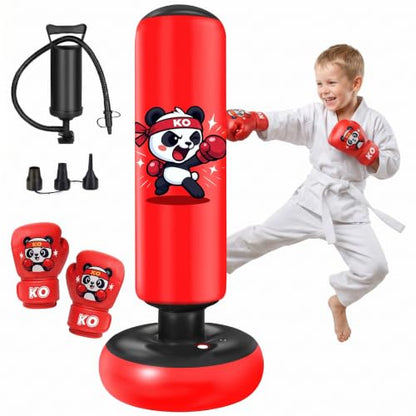 Qoosea Pedestal Punching Bags for Kids, 52in Kids Boxing Bag with Gloves - color: Dark Red