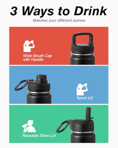 Coolflask 24 oz Insulated Water Bottle with Straw & 3 Leakproof Lids - color: Piano Night, size: 24 Ounces