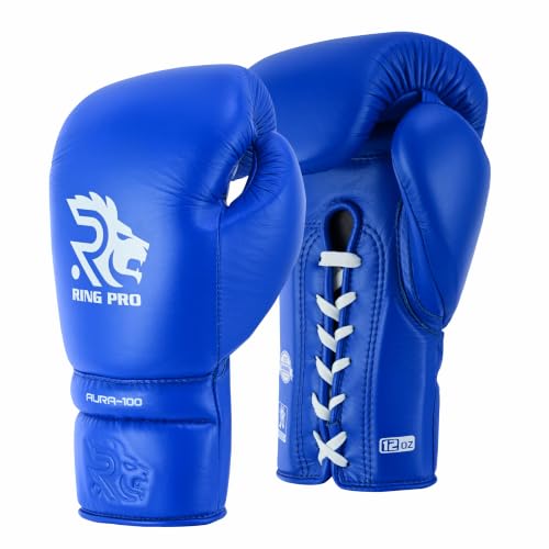 Aura 100 Full Grain Leather Lace Up Boxing Gloves for Men & Women – Professional Training, Sparring, Competition, Muay Thai, Kickboxing & Heavy Bag Gloves - color: Blue, size: 10 OZ