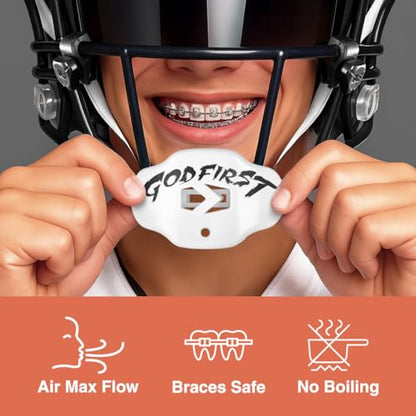 SLEEFS Classic Football Mouthguard with Bold Designs and Removable Strap - color: God First White