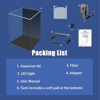 Glass Aquarium Starter Kits 1.5 Gallon Small Fish Tank, Betta Fish Tank for Home Office Deco, with LED Light, Power Filter, 4mm Glass, Black