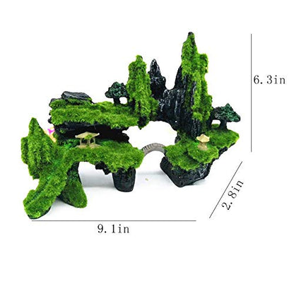 Fish Tank Mountain View Decoration Aquarium Stone Ornament Bridge with Moss Tree House Cave for Small Betta Shrimp Hide