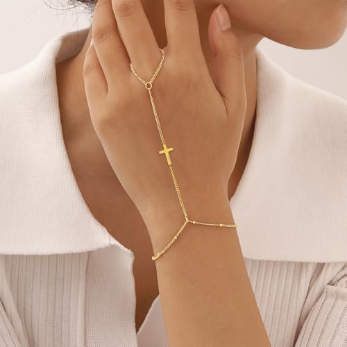 18K Gold Plated Small Cross Bracelet for Women | Tiny Cute Cross Bracelets | Beaded Bracelet | Hip Hop Knot | Hand Chain Bracelets | Gold Jewelry Gifts for Women - color: Cross hand chain Gold