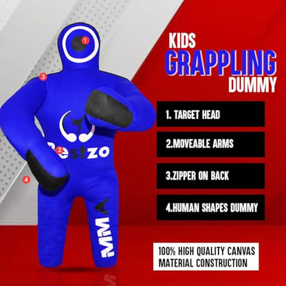 Bestzo Kids MMA Grappling Dummy - Unfilled Canvas Wrestling & BJJ Training Partner for Karate, Judo & Boxing (48-Inch) - color: Black Blue
