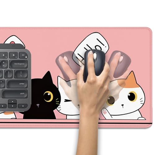 Cute Cats Desk Pad Mouse Pad,Cute Cartoon Lofi Cats Pink Mouse Mat Large,Stitched Edges Non-Slip Waterproof Rubber Base Mouse Mat for Office Home Work Gaming（27.5 x 11.8 in） - color: Lofi Cat