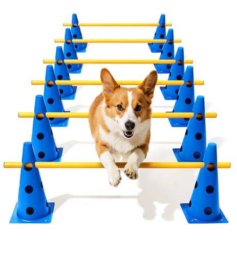 Dog Agility Course Backyard Set, Dog Agility Hurdle Cone Set with Height Adjustable Crossbar for Rehabilitation & Beginners, Dog Agility Equipment for Dog Obstacle Course - 12 Inch - color: Blue, size: 12 IN