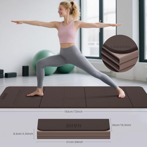 HAHE 7-Fold Design Extra Thick Yoga Mat 72"L x 24"W x 0.47", TPE | Fitness Exercise Mats, Non-Slip Foldable Yoga Mat, High Density, Portable for Men & Women, Yoga, Pilates, Home Gym - color: Brown & Beige