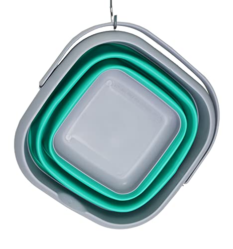 SAMMART 8.5L (2.2 Gallon) Collapsible Square Handy Bucket/Foldable SquareWater Pail/Portable Tub with Handle. Size 31cm (Square) (Grey/Bluish-Green) - color: Grey/Bluish-green