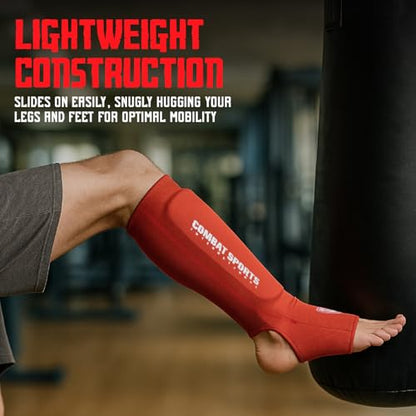 Combat Sports Elastic Cloth Shin & Instep Padded Guards - color: Red, size: Small
