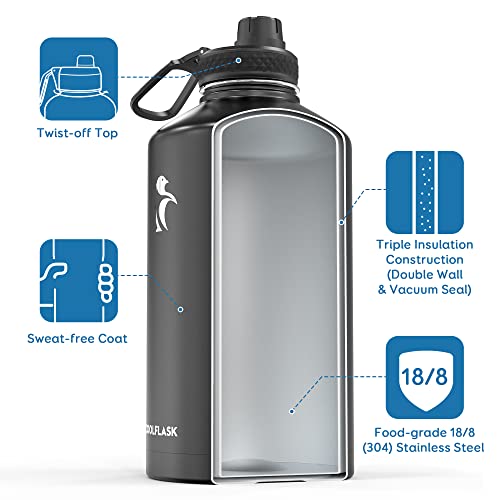 Coolflask 128 oz Gallon Water Bottle Insulated with Straw & 3 Leakproof Lid - color: Magic Black, size: 128 Ounces