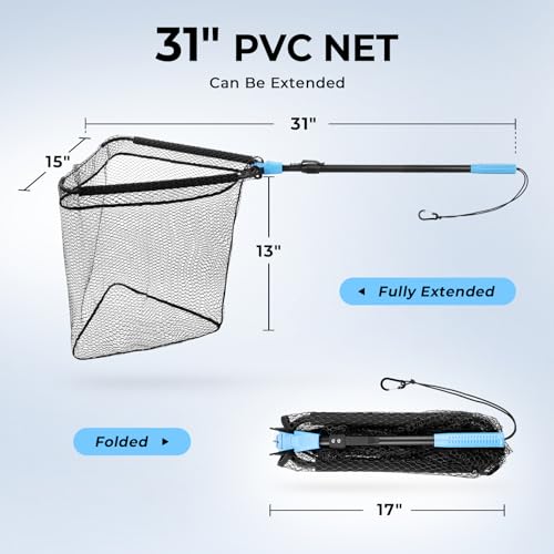 Calamus Triangle Fishing Net, Foldable, Lightweight & Strong Landing Net with Non-Slip Elastomer Handle, Built-in Elastic Lanyard and Belt Clip, Fishing Gear - Gift for Men