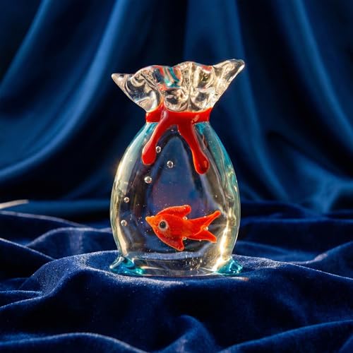 Hand-Blown Glass Goldfish in Bag Figurine, 2" Miniature Red/Orange Fish with Clear Water Texture, Cute Lampwork Animal Sculpture, Kawaii Desk Accessory & Aquarium Decor
