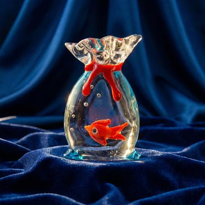 Hand-Blown Glass Goldfish in Bag Figurine, 2" Miniature Red/Orange Fish with Clear Water Texture, Cute Lampwork Animal Sculpture, Kawaii Desk Accessory & Aquarium Decor