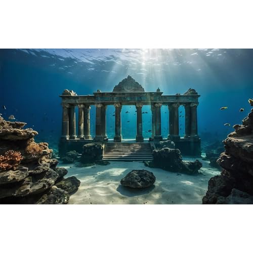 Under The Sea Scene Aquarium Background Tranquil Underwater Ancient Temple Fish Tank Background Deep Blue Sea Sunray Terrarium Backgrounds Blue Ocean Sunken Temple Reptile Tank Backgrounds 48x24in - color: Blue_Dark Brown, size: 48(W)x24(H)in