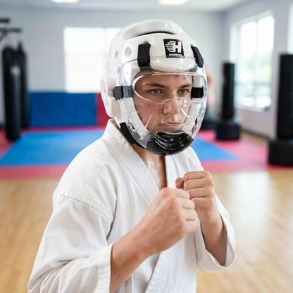 Taekwondo Headgear Karate Headgear with Removable mask for Sparring Partner Muay Thai Taekwondo Karate MMA Training Youth Adults - color: white, size: Small